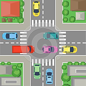 Vector illustration of street crossing in city. street top view with cars and roads, houses and trees. Crossroad concept