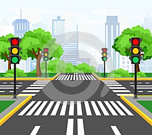 Vector illustration of streets crossing in modern city, city crossroad with traffic lights, markings, trees and sidewalk