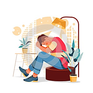 Vector illustration of stressed and depressed male character portrait, flat design concept