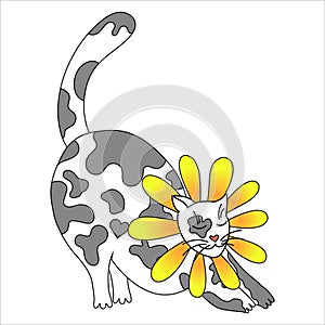 vector illustration, stretching cat in gray spots, in floral decoration, on a white background.