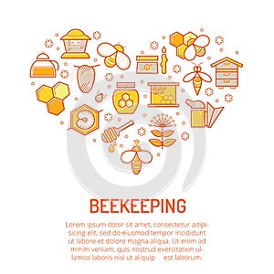Vector illustration with stroked colorful honey and beekeeping icons photo