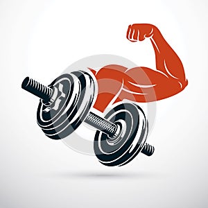 Vector illustration of strong man biceps arm and dumbbell. Weight lifting gym symbol.