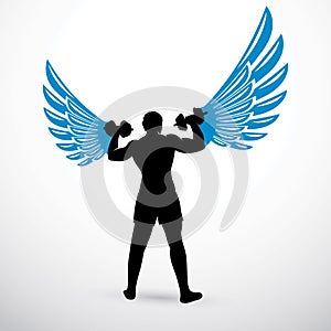 Vector illustration of strong man body silhouette holding dumbbell. Fitness trainer.