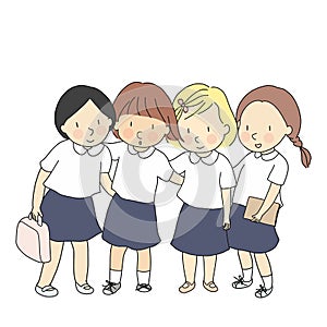 Vector illustration of students in school uniform standing together. Early childhood development, Back to school