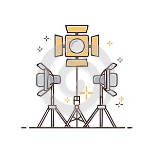 Vector illustration of studio lighting equipment on tripods and stands