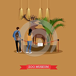 Vector illustration of stuffed deer and visitors in zoological museum