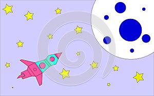 Vector illustration in the style of children`s drawing color rocket flies in space to the planet with craters