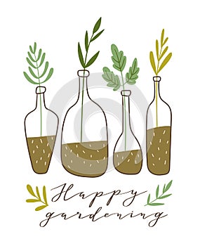 Vector illustration. Stylish home decor. Eco poster with text - ` Happy gardening`.