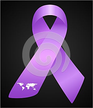 Vector illustration of stylish ribbon for World Lupus Day. Purple awareness realistic ribbon with worl map isolated on black backg