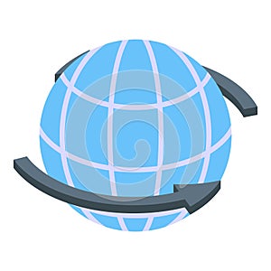 Vector illustration of a stylized blue globe with orbiting arrows, depicting global connectivity