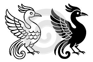 Icon for Chinese New Year, vector phoenix, outline and silhouette versions