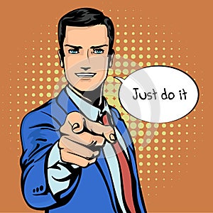 Vector illustration of successful businessman pointing finger in vintage pop art comics retro style. Likes and positive