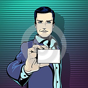 Vector illustration of successful businessman shows visit card in vintage pop art comics style. Likes and positive feel