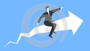 Vector illustration of a successful businessman sitting on top of big arrow and moving forward representing growth and success.