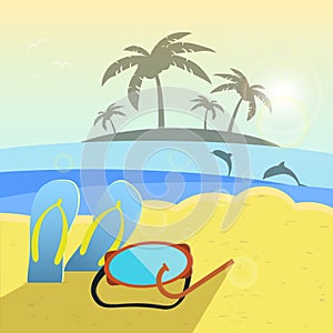 Vector illustration, summer beach, slippers and