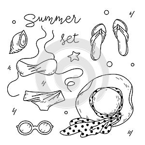 Vector illustration of summer items. Hat, flip flops and swimsuit.