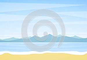 Vector illustration: Summer landscape with beach, sea and mountains on horizon