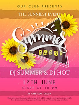 Vector illustration of summer party poster with triangle frame and sunflower flowers and hand lettering text - summer