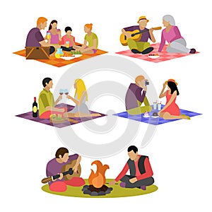 Vector illustration of summer recreation. Family picnic and camping in a park flat icons