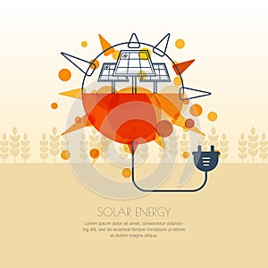 Vector illustration of sun with solar battery and wire plug.