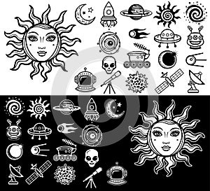 Vector illustration: the sun with a woman`s human face, a set of space industrial icons.