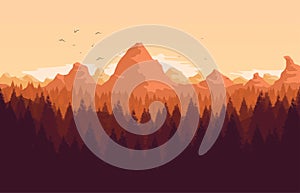 Vector illustration of a sunset landscape with rocks, fir forest, birds