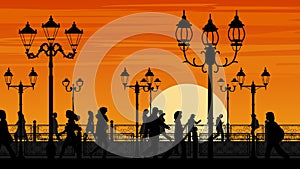 Vector illustration of sunset seafront street with people.