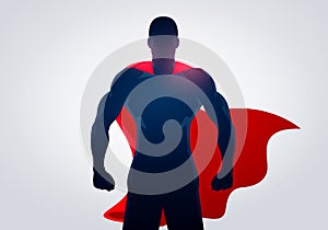 Vector Illustration Superhero In Strong Pose With Cape. Silhouette Of A Super Hero Man