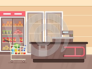 Vector illustration of supermarket interior with counter and fridges with drinks, shelfs and stands with products and