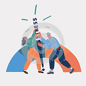 Vector illustration of support concept. Man and woman trying to move stress scales arrow. Low negative emotion concept.