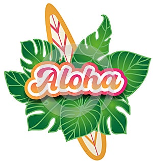 Vector illustration with surf boards, tropical leaves and hand drawn text Aloha