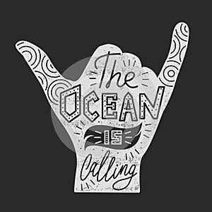 Vector illustration of surf hand. Silhouette isolated on white. Quote inspiration. Lettering design. Typography