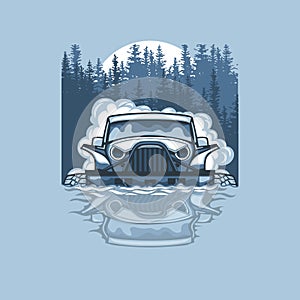 Vector illustration with a SUV passing impassable obstacles