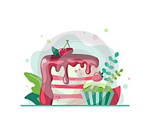 Vector illustration of sweet cupcake decorated strawberry and piece of cherry cake with icing