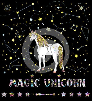 Vector illustration of sweet standing unicorn isolated on the black background with galaxy