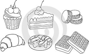 Vector illustration of sweeties in outlines. Tasty illustration. Coloring page. Illustration for coloring book.
