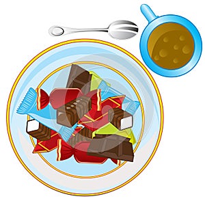 Vector illustration of the sweetmeats on plates and tea