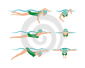 Vector illustration of swimming style scheme different swimmers man and woman in pool sport exercise.