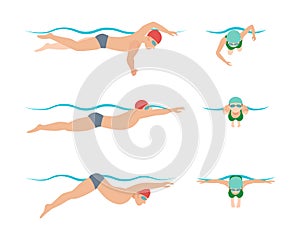 Vector illustration of swimming style scheme different swimmers man and woman in pool sport exercise.