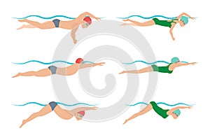 Vector illustration of swimming style scheme different swimmers man and woman in pool sport exercise.