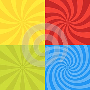 Vector illustration for swirl design. Swirling radial pattern background set. Vortex starburst spiral twirl square. Helix rotation