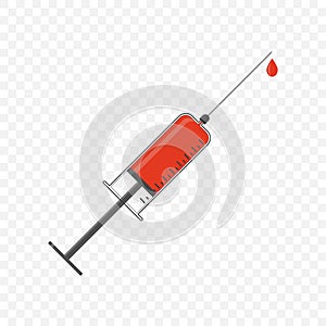 Vector illustration of a syringe with a drop of red blood or liquid, isolated on a transparent background.