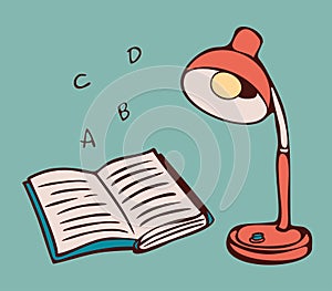 Vector illustration of table lamp, open book and letters.