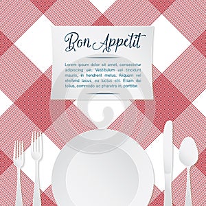 Vector illustration of table setting with red and white tablecloth