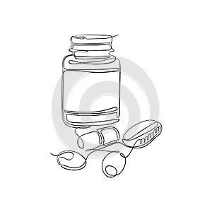 Vector illustration of tablets, vitamins and pills in a plastic jar drawn by one endless line.