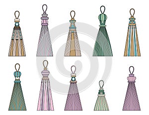 Vector illustration tassel. decorative curtain brushes, window decor, vector set of decorative curtain tassels
