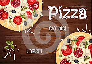 Vector illustration. Tasty Pizza on Wood Texture. Fast Food Background.