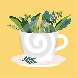 Vector illustration tea cup full of green leaves. Herbal tea.