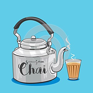 Vector illustration of tea kettle and glass indian street beverage masala tea