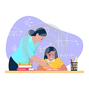 Vector illustration of teacher. Cartoon scene with teacher and girl doing math, blackboard with different formulas